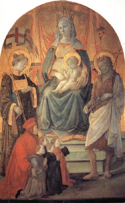Fra Filippo Lippi The Madonna and Child Enthroned with Stephen,St John the Baptist,Francesco di Marco Datini and Four Buonomini of the Hospital of the Ceppo of Prato oil painting image
